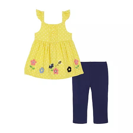 Kids Headquarters Toddler Girls Ruffle-Trim Popcorn Knit Tunic Capri Leggings Set - Yellow, Navy