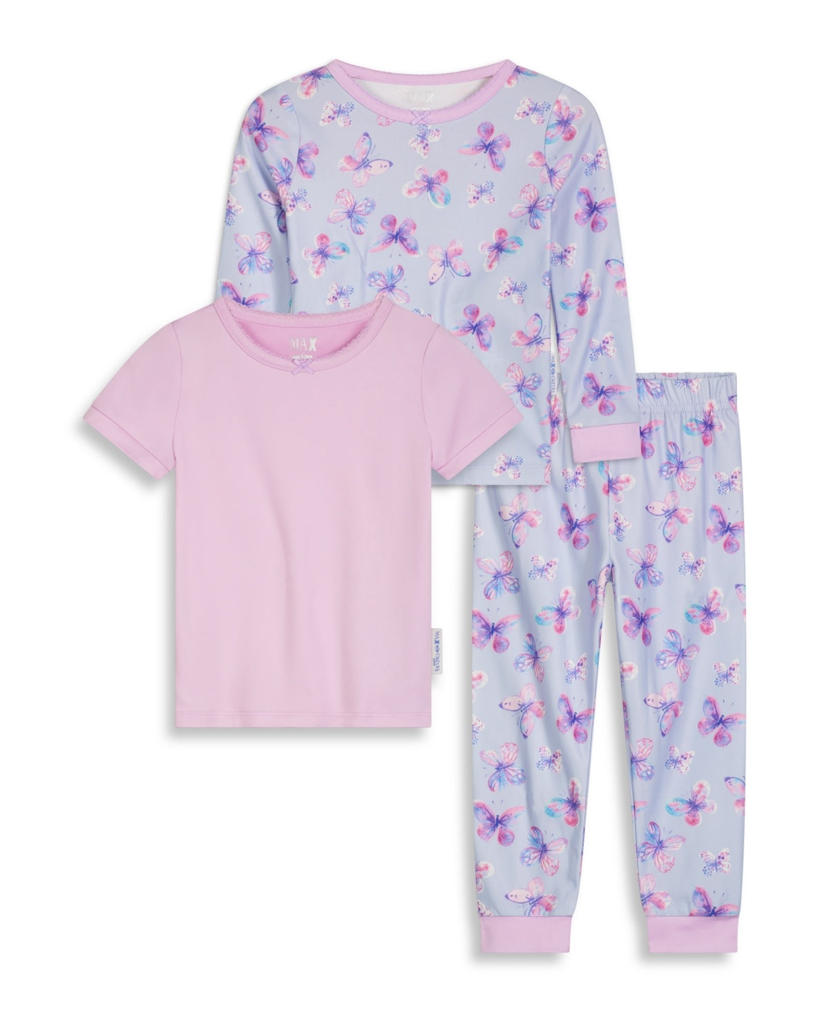 Max & Olivia Toddler Girls Pants, Long Sleeve T-shirt and Short Sleeve T-shirt Snug Fit Pajama Set, 3 Piece - Purple