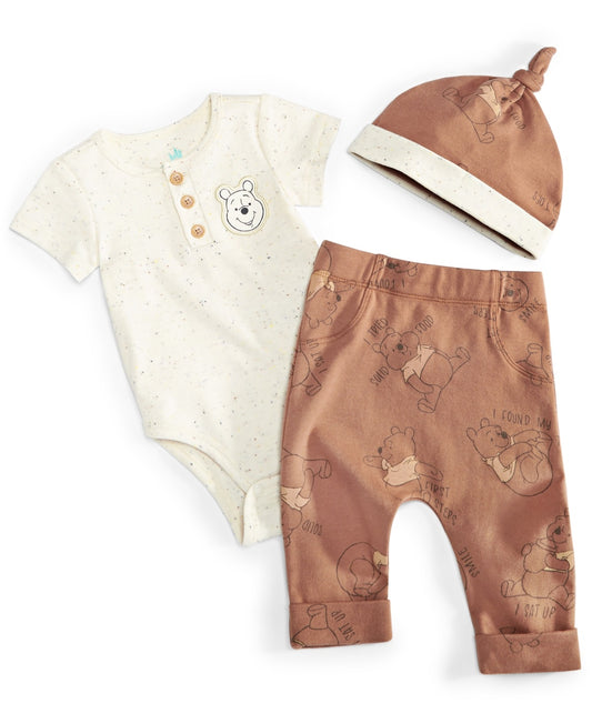 Disney Baby Boys Winnie-the-Pooh Bodysuit, Pants & Hat, 3 Piece Set - Ivory/Brown