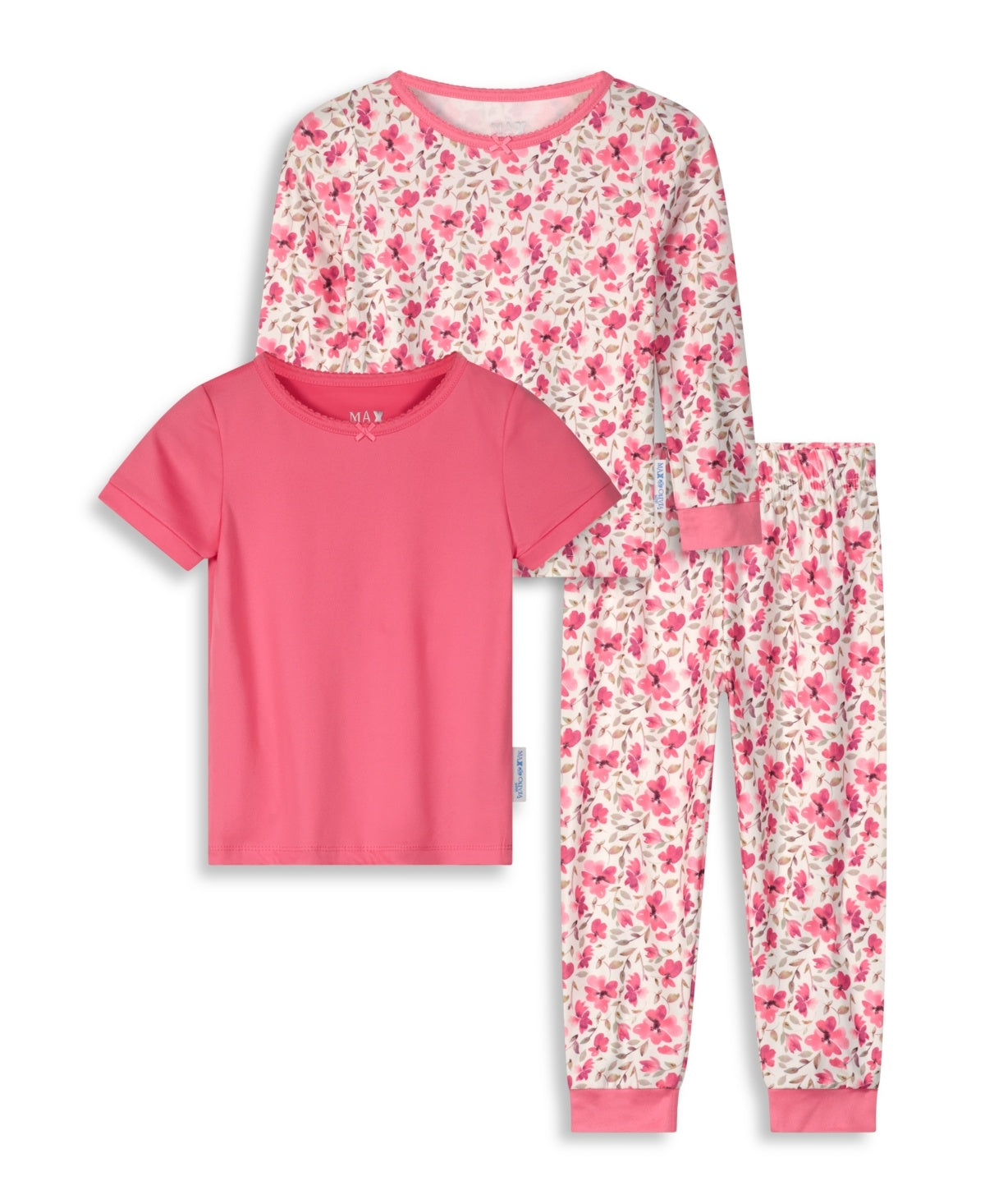 Max & Olivia Toddler Girls Pants, Long Sleeve T-shirt and Short Sleeve T-shirt Snug Fit Pajama Set, 3 Piece - Pink