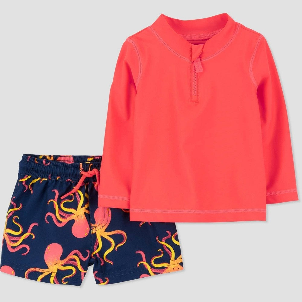 Carter's Just One You Baby Boys' Long Sleeve Octopus Printed Rash Guard Set - Orange 3M