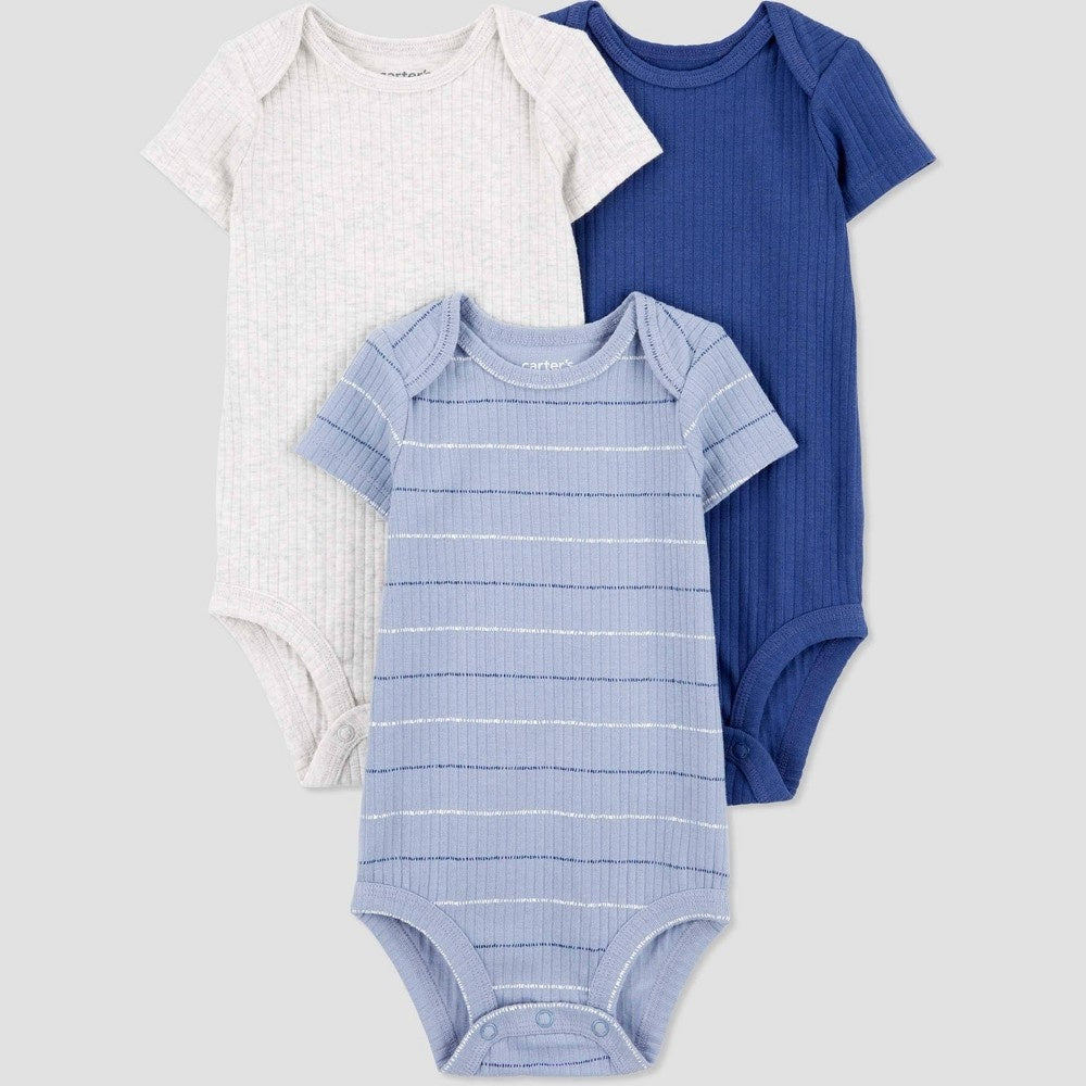 Carter's Just One You® Baby Boys' 3pk Bodysuit - Blue/Gray Newborn: Cotton Blend, Crotch Snap, Tagless, Stripe Pattern