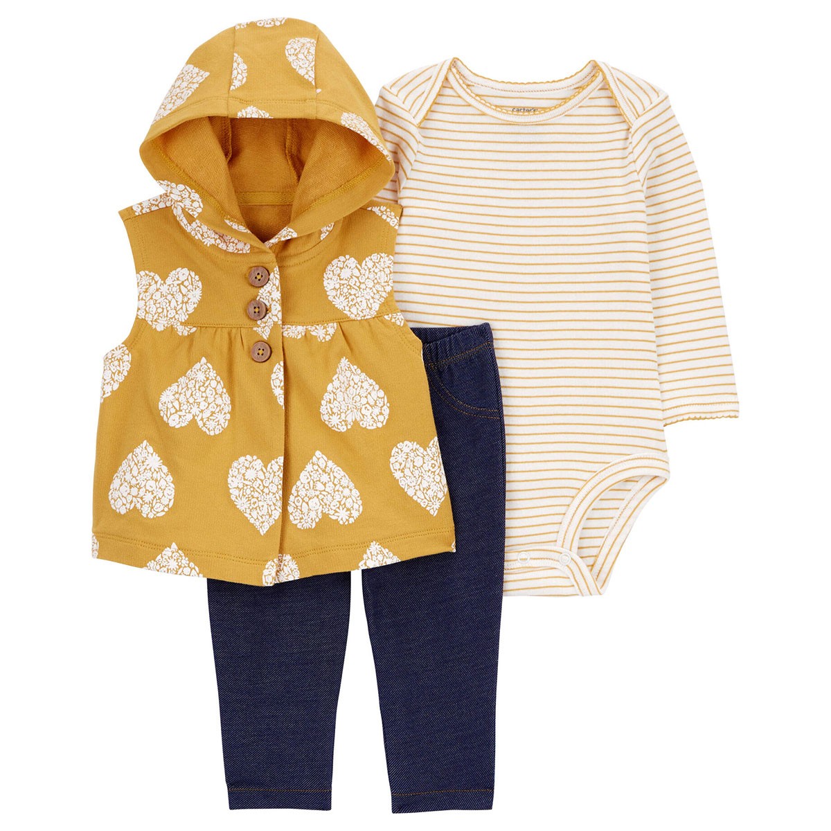 Carter's Baby Girl 3-Pc. Heart Hooded Vest, Striped Bodysuit & Solid Pants - Yellow