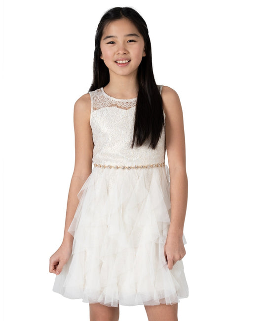 Rare Editions Big Girls Foil Lace Cascade Social Dress - Ivory