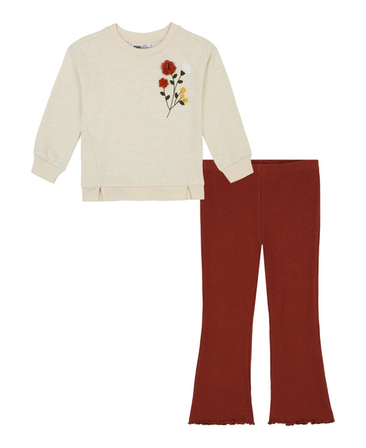 Kids Headquarters Toddler and Little Girls Oversized French Terry Lurex Crewneck Flare Leg Ribbed Leggings - Egret/Rio Red