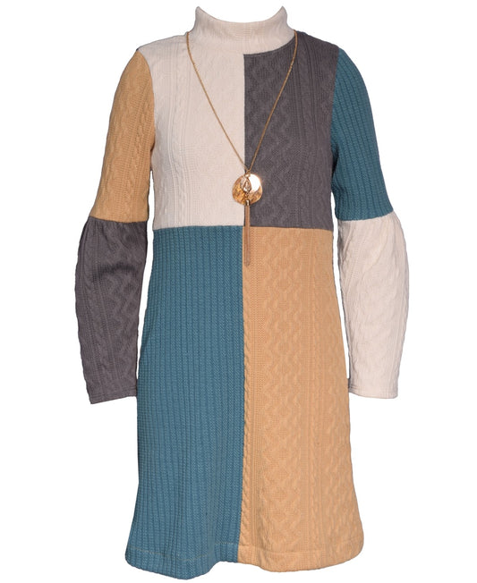 Bonnie Jean Big Girls Mock Neck Color Blocked with Textured Cable Knit Fabric Dress - Multi