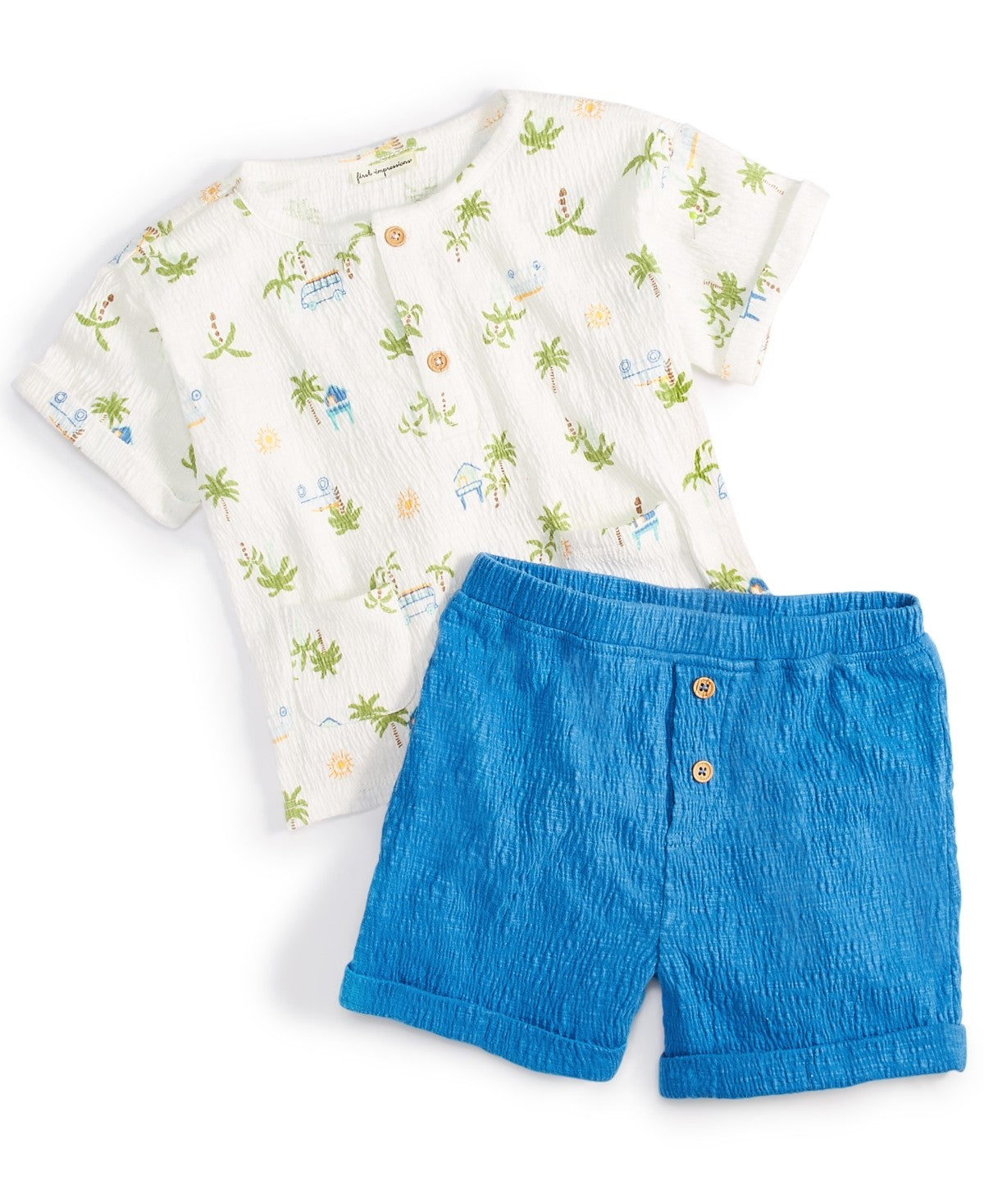 First Impressions Baby Boys 2-Pc. Vacation-Print Henley & Solid Shorts Set, Created for Macy's - Angel White