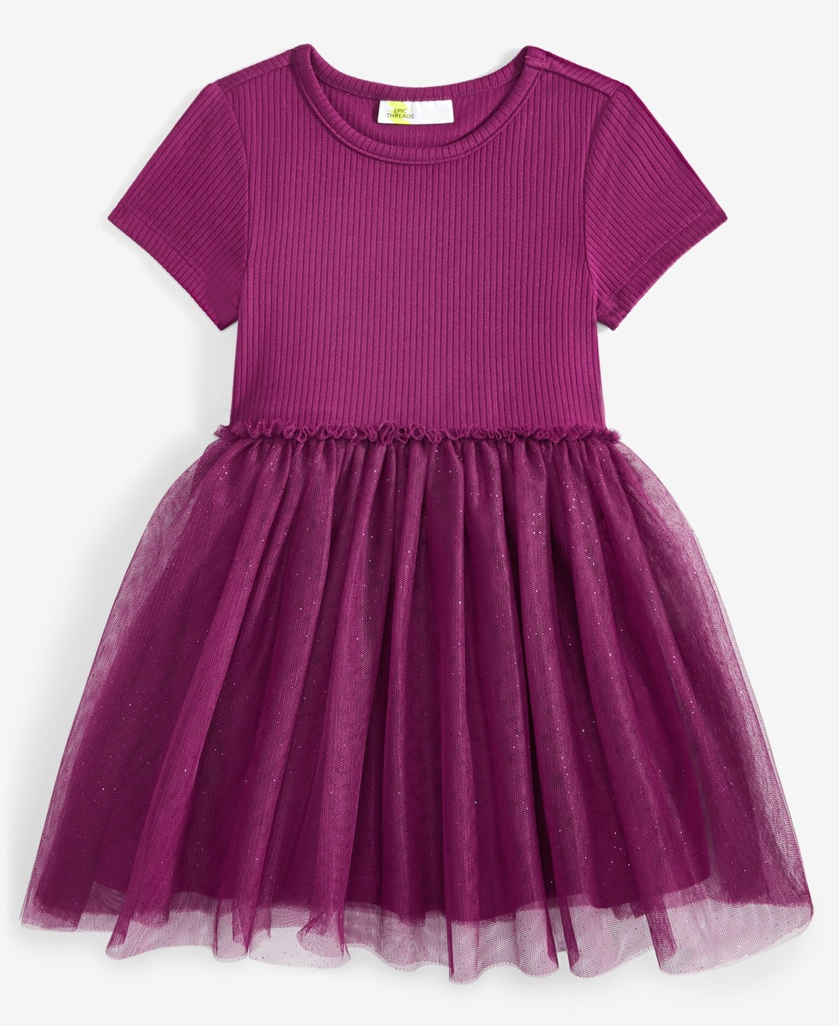 Epic Threads Toddler Girls Short-Sleeve Ribbed Glitter-Tulle Dress - Magenta Purple