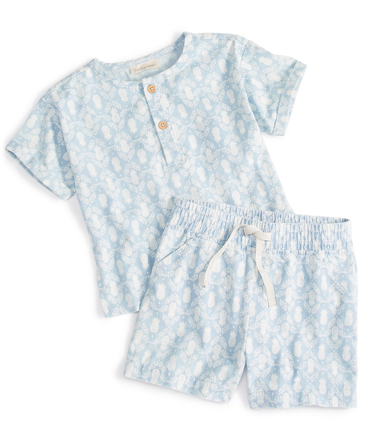 First Impressions Baby Boys Pineapple Stamps Printed Henley & Shorts, 2 Piece Set, Created for Macy's - Lt Wsh Chambray
