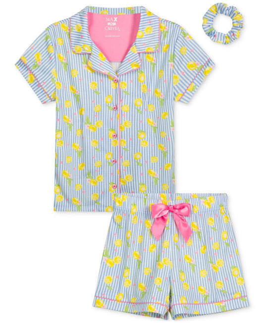Max & Olivia Girls 3-Pc. Lemon-Print Stripe Pajama Top, Shorts & Scrunchie Set - Yellow