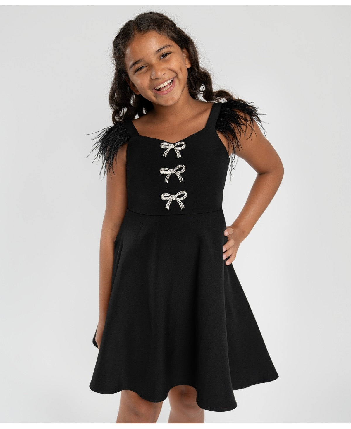 Rare Editions Feather Shoulder Party Dress, Size 7- Black girl