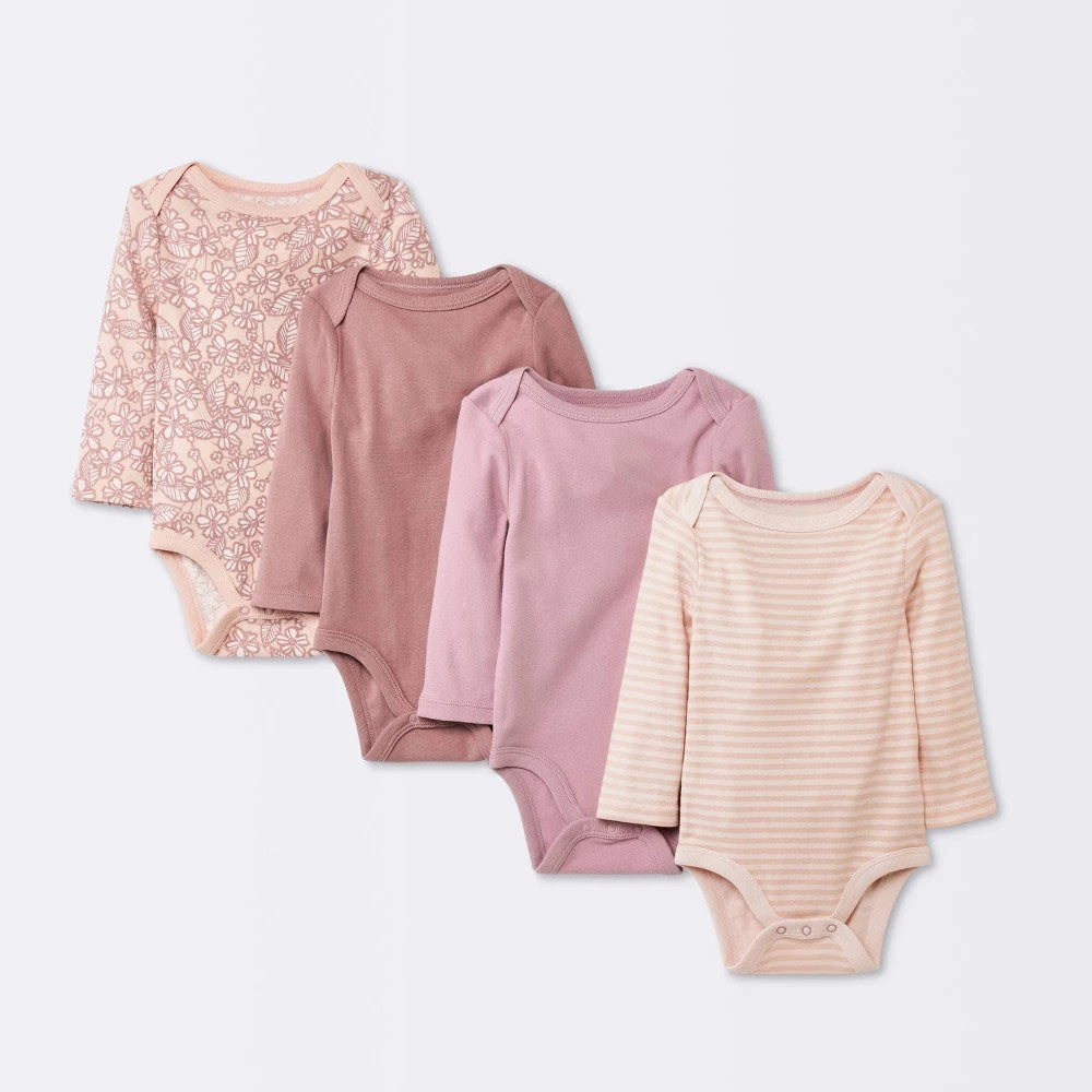Baby Girls' 4pk Cotton Long Sleeve Floral Bodysuit - Cloud Island™ Pink Newborn