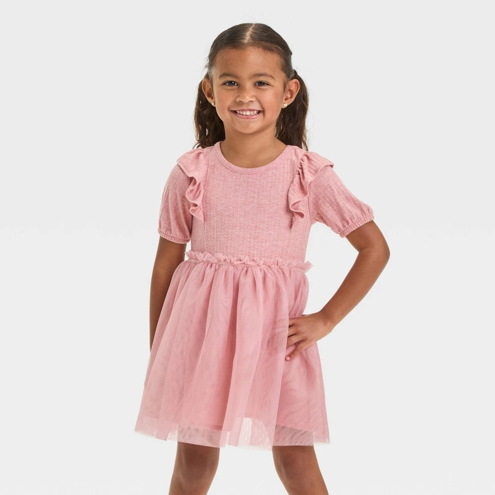 Toddler Girls' Short Sleeve Knit Tulle Dress - Cat & Jack™ Rose Pink 5T
