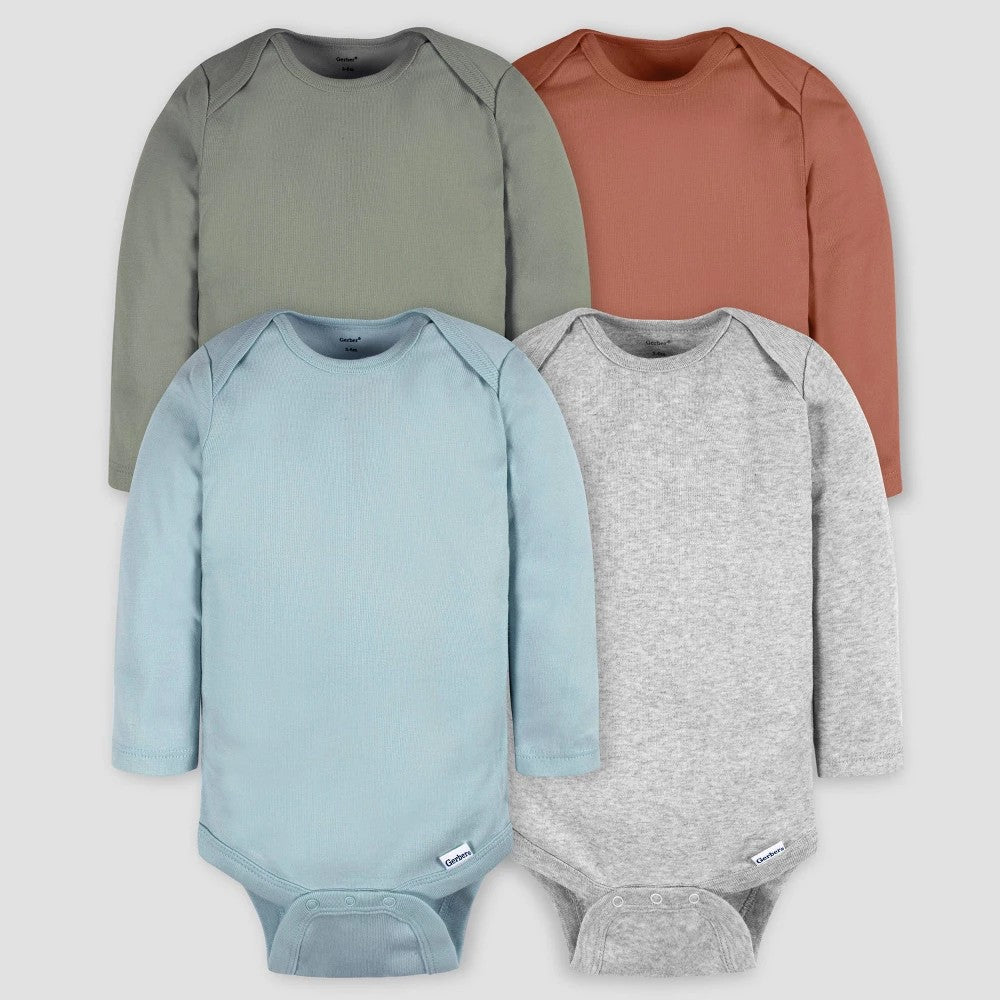 Gerber Baby 4pk Long Sleeve Onesies - Blue/Gray Newborn: Cotton Knit Pullover Bodysuits