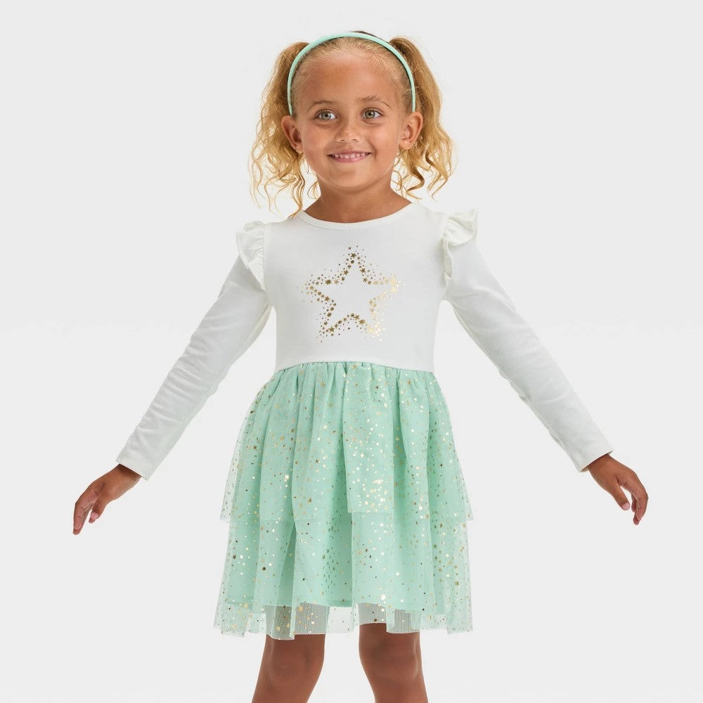 Toddler Girls' Long Sleeve Star Tulle Dress - Cat & Jack™ Cream 3T