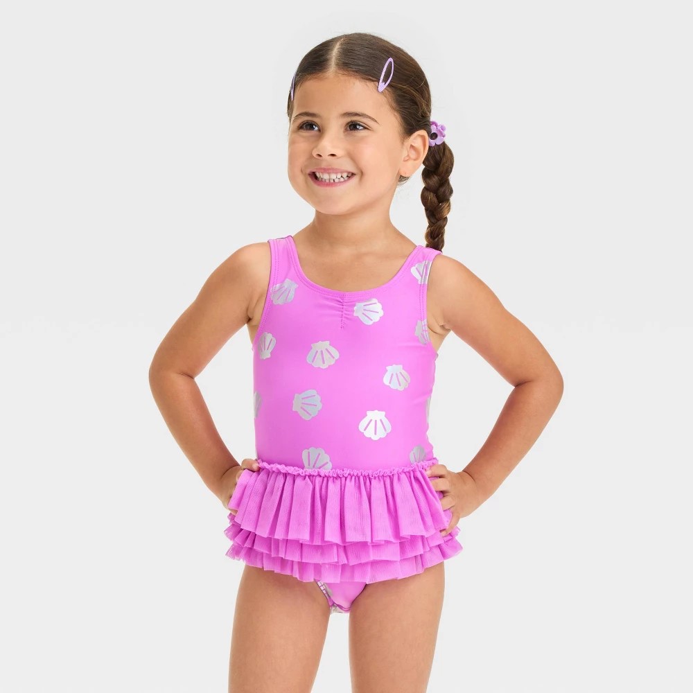 Cat & Jack Toddler girl 2T Seashell Tutu Swimsuit UPF 50+