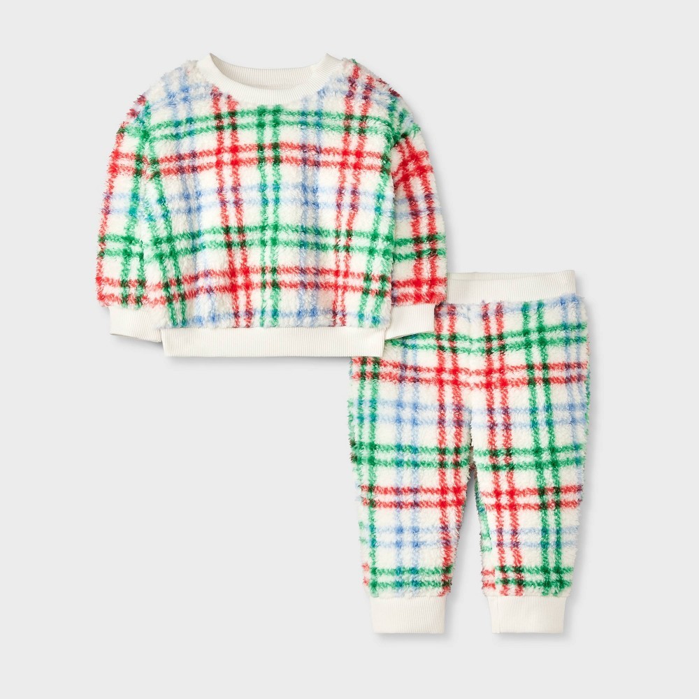 Baby Shearling Top & Bottom Set - Cat & Jack™ Cream 3-6M: Midweight Faux Plush, Plaid Pattern, Recycled Polyester