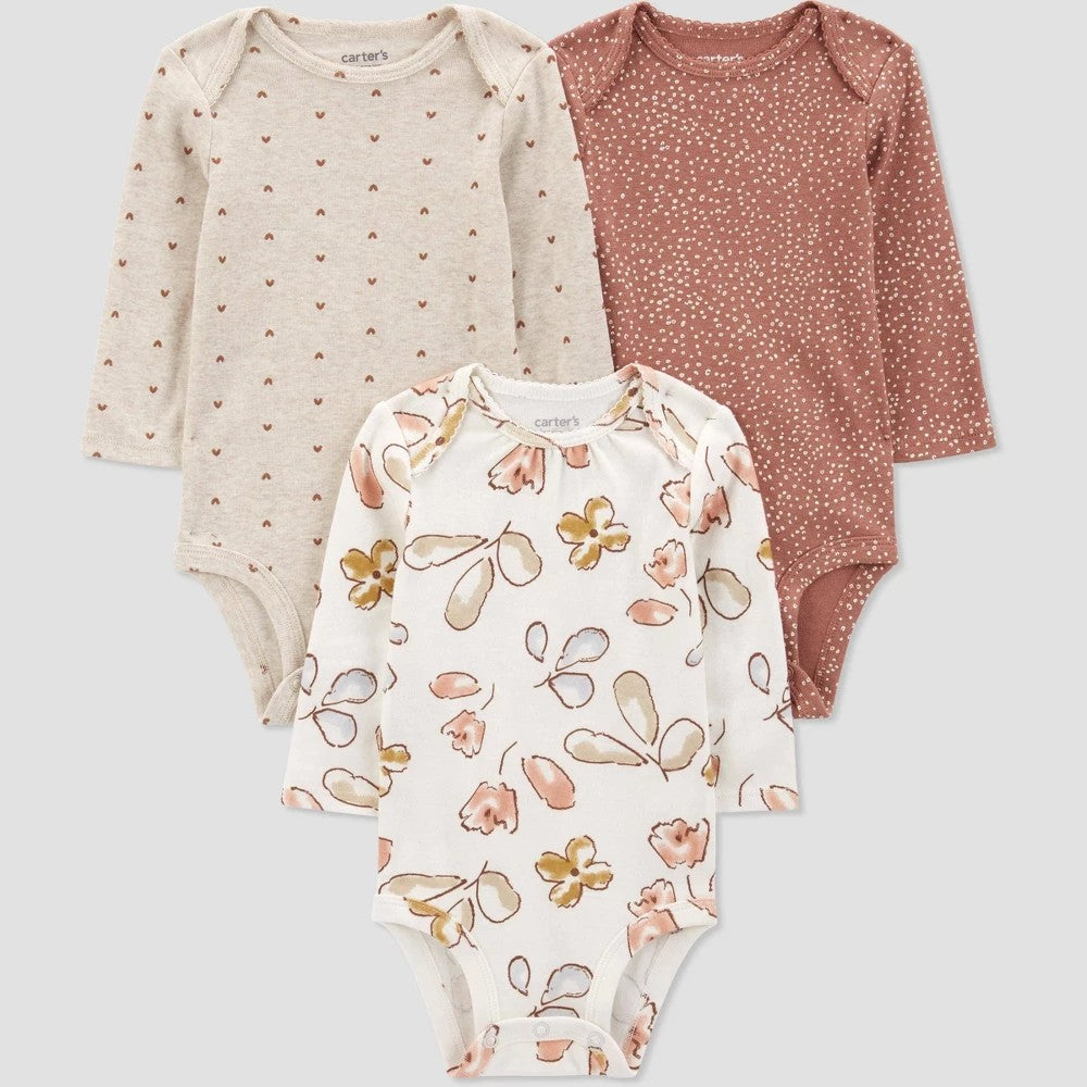 Carter's Just One You® Baby Girls' 3pk Long Sleeve Bodysuit - Ivory/Brown 3M