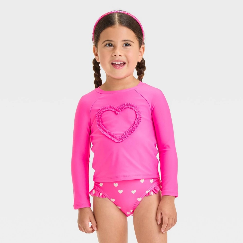 Toddler Girls' Long Sleeve Heart Printed Rash Guard Set - Cat & Jack™ Pink 5T: UPF 50+, Elastic Leg Openings