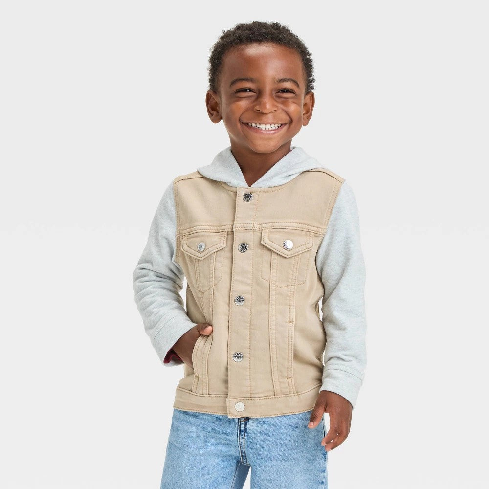 Toddler Boys' Hooded Denim Button Front Jacket - Cat & Jack™ Beige 3T
