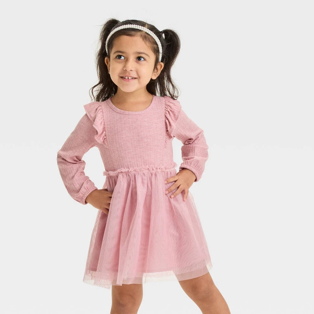 Toddler Girls' Long Sleeve Solid Knit Tulle Dress - Cat & Jack Rose Pink 5T