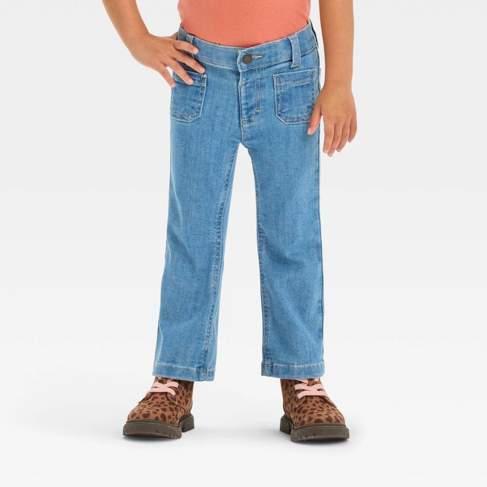 Toddler Girls' Patch Pocket Flare Denim - Cat & Jack™ Light Wash 5T: Adjustable Waistband, Ultimate Stretch, Mid Rise