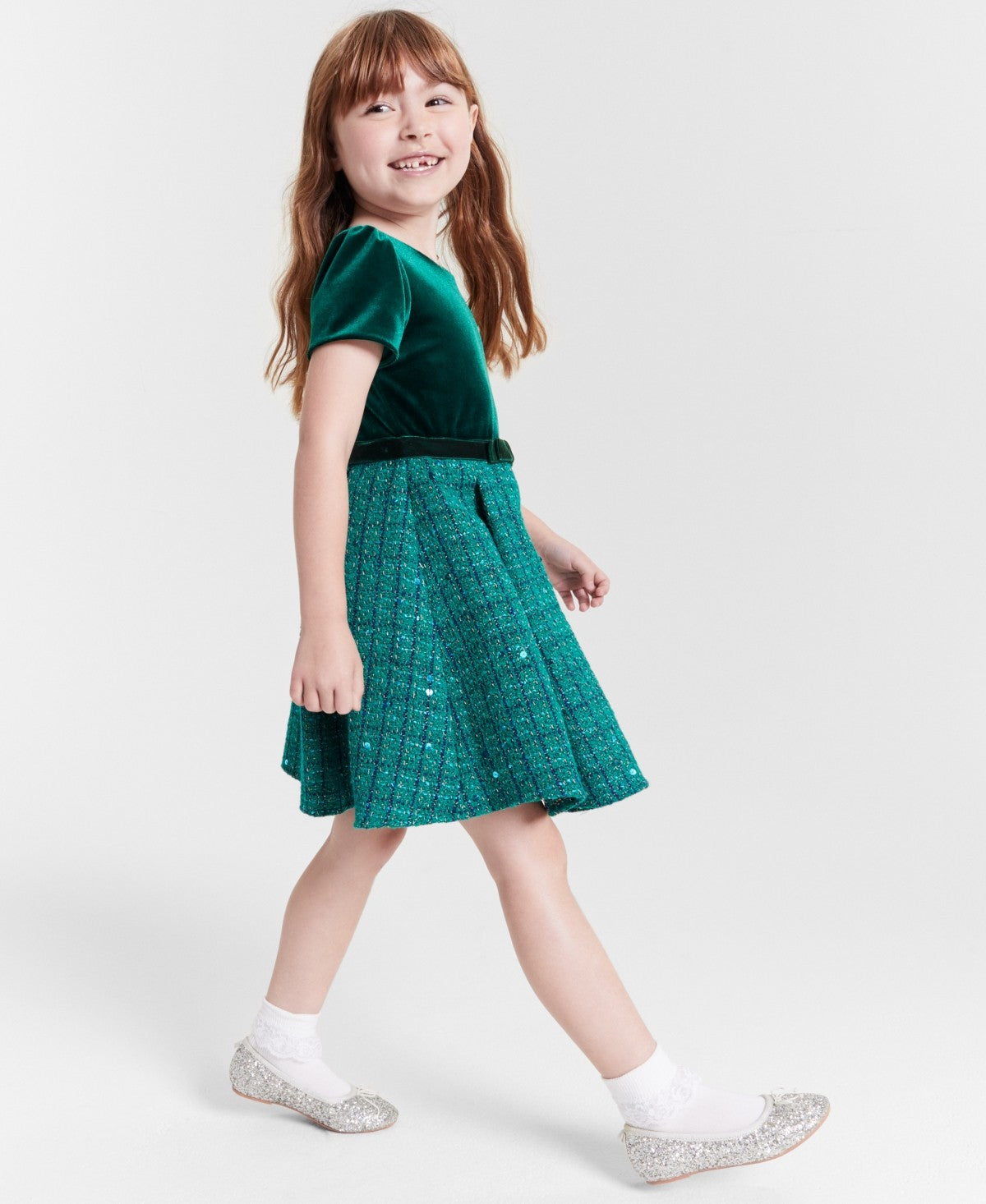 Rare Editions Velvet Sequin Tweed Dress 2T- Hunter