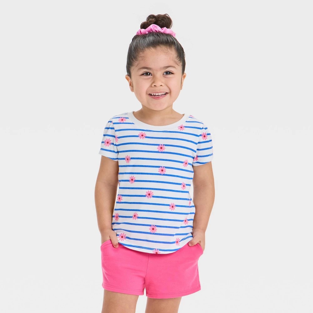 Toddler Girls' Daisy Striped T-Shirt - Cat & Jack™ Off-White 5T: Cotton Blend, Recycled Polyester, Crew Neck, Short Sleeve, Pullover