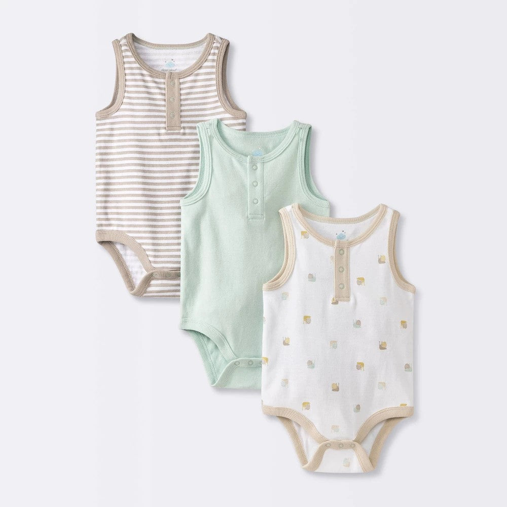 Baby 3pk Sleeveless Henley Bodysuit - Cloud Island™ Mint Green 3-6M: Cotton, Snail & Stripe Pattern