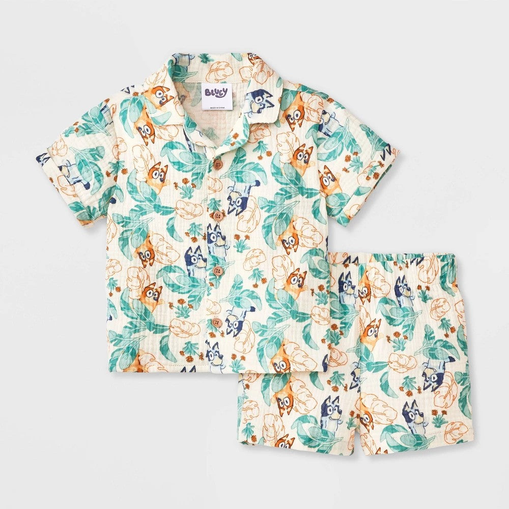 Baby Boys' 2pc Bluey Gauze Button-up Top & Shorts Set - Ivory 6-9M