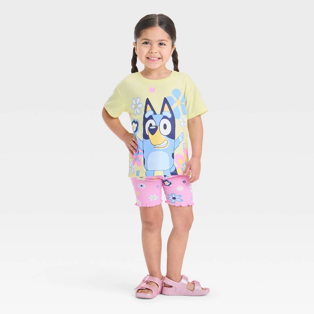 Toddler Girls' 2pc Bluey Floral T-Shirt & Biker Shorts Set - Yellow 3T