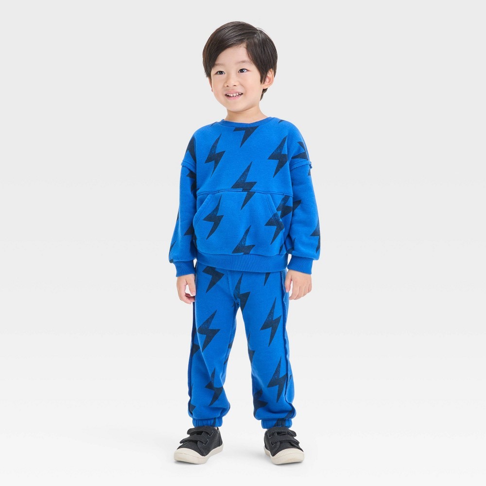 Grayson Mini Toddler Boys' Lightening Bolt Fleece Crewneck and Jogger Pants Set- Blue 3T