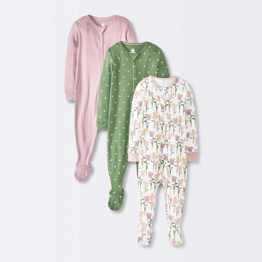 Baby 3pk Floral Cotton Sleep N' Play - Cloud Island™ Pink 6-9M: Footed Pajamas, Long Sleeve, Mitten Cuff, Machine Washable