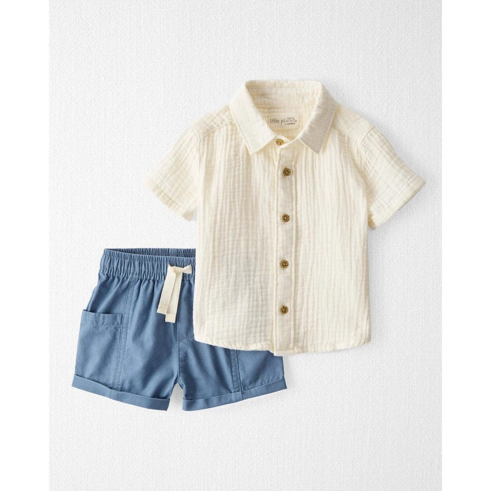 Little Planet by Carter's Organic Baby Boys' Woven Solid Coordinate Set - 12M: Button Down Shirt & Shorts
