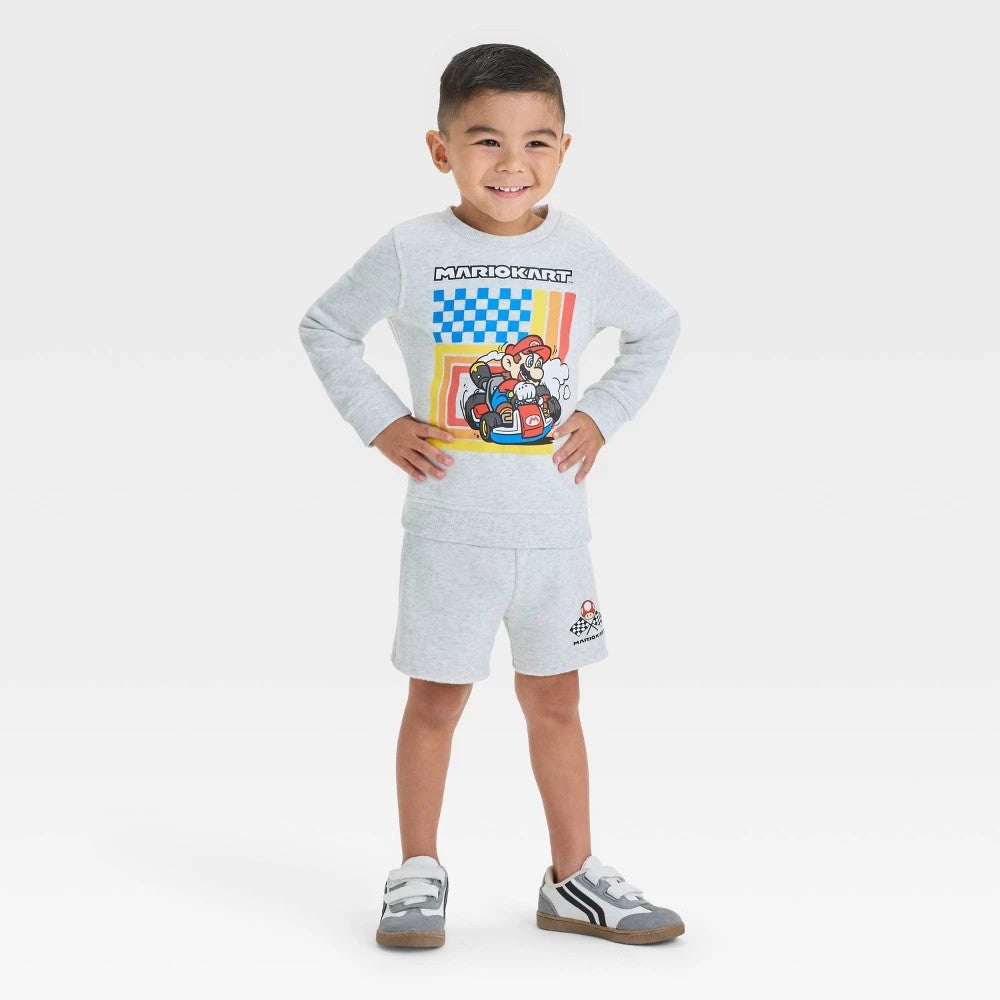 Toddler Boys' 2pc Nintendo Super Mario Kart Fleece Pullover Top & Shorts Set - Gray 4T