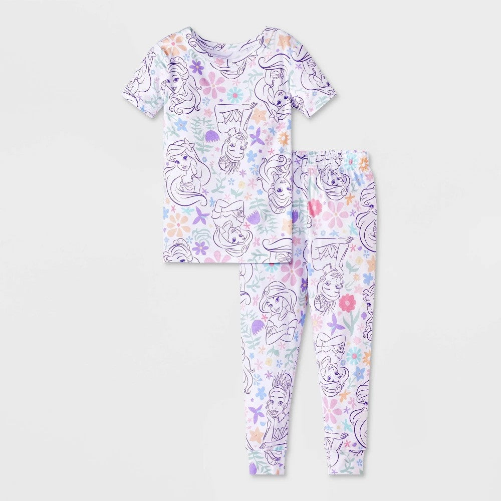 Toddler Girls' 2pc Snug Fit Disney Princess Pajama Set - White 18M: Crew Neck, Viscose-Spandex, Jersey Fabric