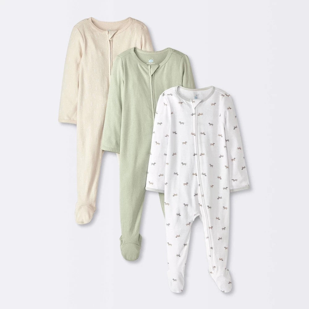 Baby 3pk Weiner Dogs Cotton Sleep N' Play - Cloud Island™ 3-6M: Footed Pajamas, Mitten Cuff, Full Zipper, Machine Washable