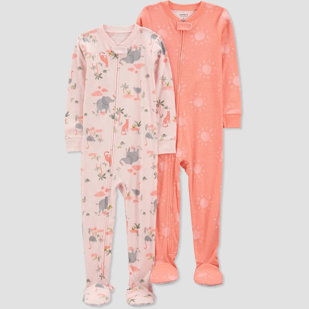 Carter's Just One You Toddler Girls' 2pk Snug Fit Cotton Suns and Animals Footed Pajama - Pink 4T