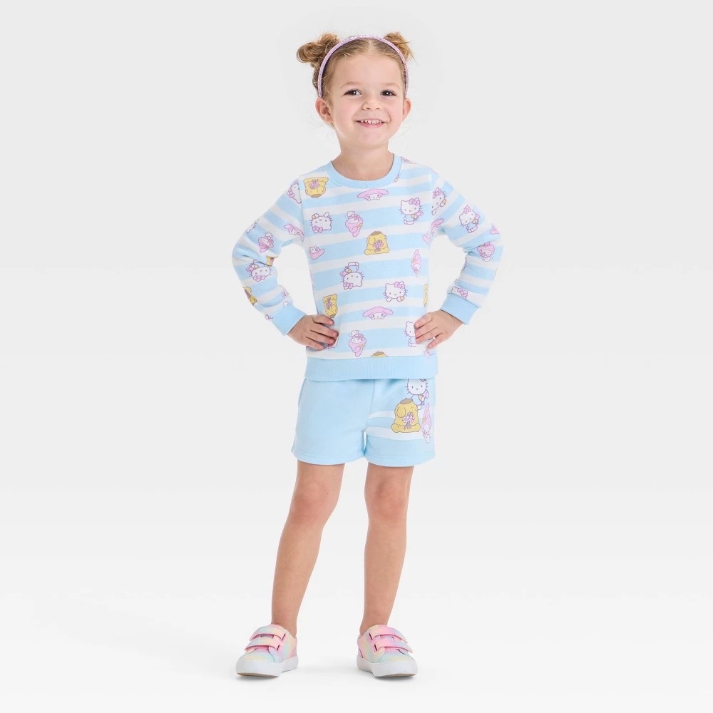 Toddler Girls' 2pc Hello Kitty Striped Fleece Pullover Top & Shorts Set - Blue 2T