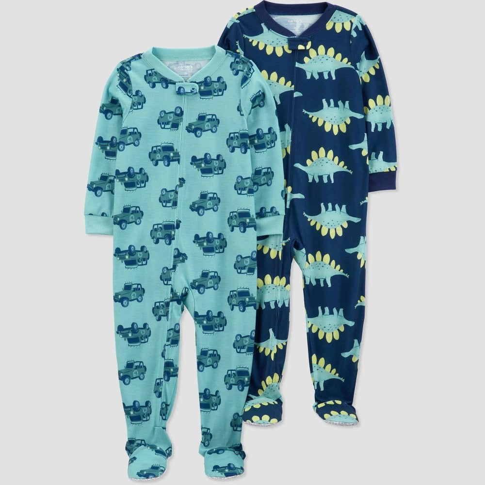 Carter's Just One You Toddler Boys' 2pk Cars and Dinos Footed Pajama - Green/Blue 3T