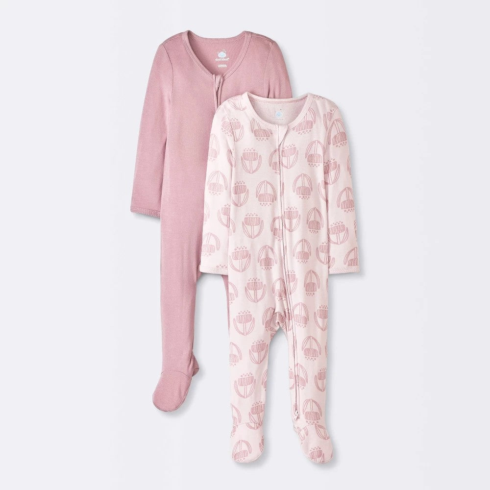 Baby 2pk Floral So Very Soft Modal Blend Sleep N' Play - Cloud Island™ Pink 0-3M: Midweight, Two-Way Zipper, Mitten Cuff, Machine Washable