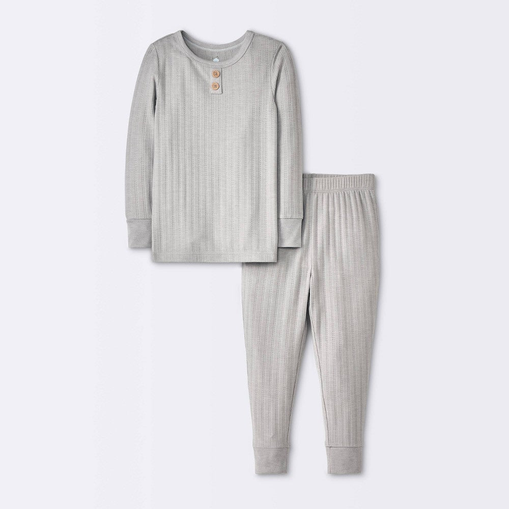 Toddler 2pc Solid Pointelle Snug Fit Pajama Set - Cloud Island™ Gray 2T: Henley Neck, Jacquard Knit