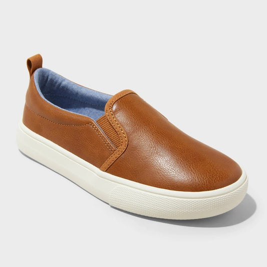 Kids' Rune Slip-on Sneakers - Cat & Jack™ Cognac 4: Faux Leather, Non-Marking Sole, Closed Round Toe, Low Top Design - Girl