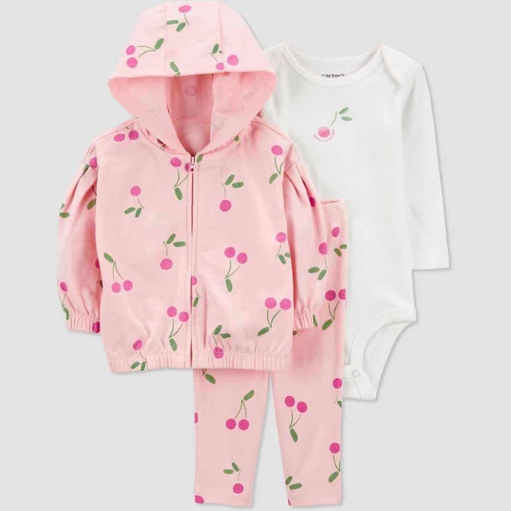 Carter's Just One You® Baby Girls' Cherries Top & Bottom Set - Pink 3M: 3-Piece Cotton Cardigan, Bodysuit & Pants, Food Pattern