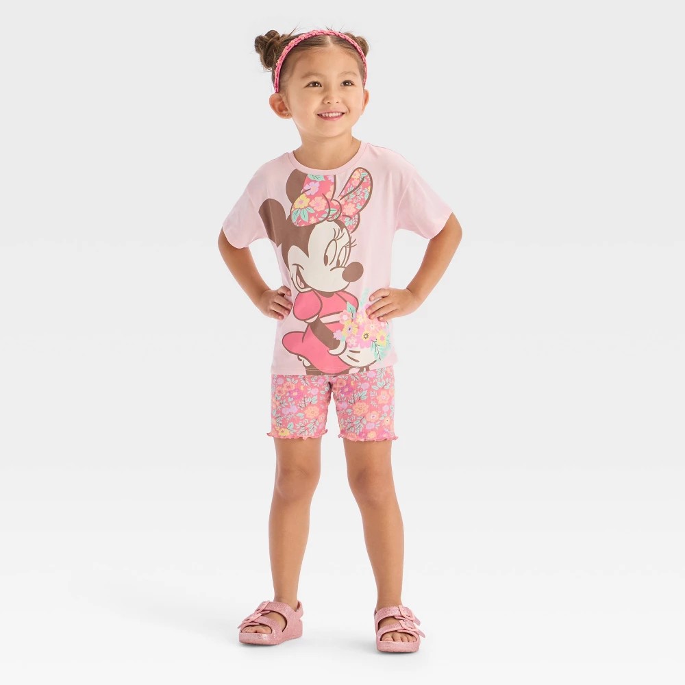 Toddler Girls' 2pk Disney Minnie Mouse Floral T-Shirt & Biker Shorts Set - Pink 2T