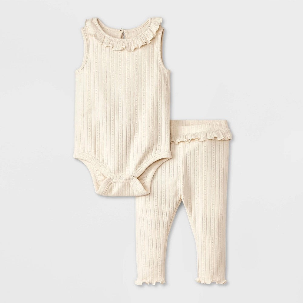 Baby Girls' Pointelle Ribbed Romper & Leggings Set - Cloud Island™ Cream Newborn: Midweight Knit, Cotton Blend, Crotch Snap