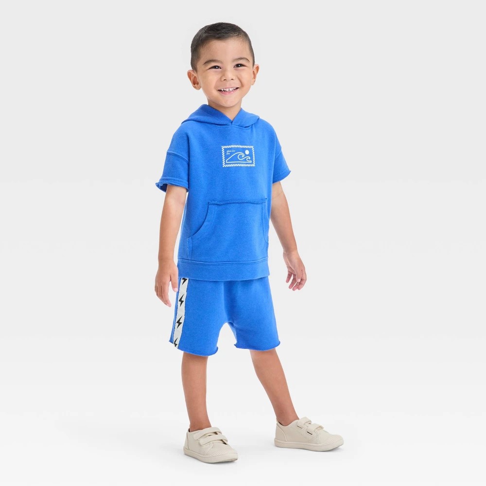 Grayson Mini Toddler Boys' Short Sleeve Wave French Terry Pullover and Shorts Set - Blue 3T