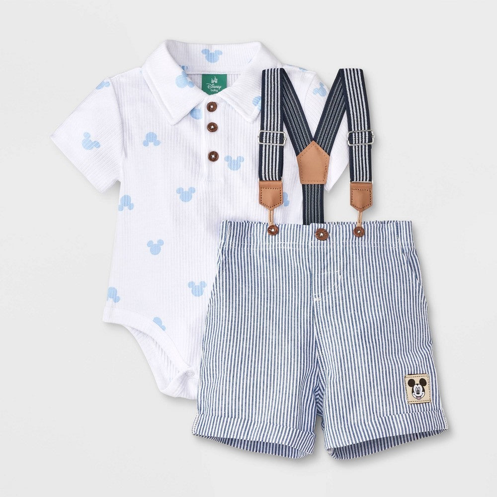 Baby Boys' 2pc Disney Mickey Mouse Bodysuit & Shorts Suspender Set - Blue 0-3M