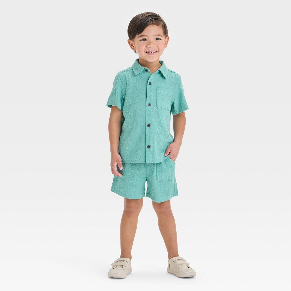 Toddler Boys' Seersucker Short Sleeve Button-up and Pull-on Shorts Set - Cat & Jack™ Light Mint Green 18M: Cotton Viscose Blend
