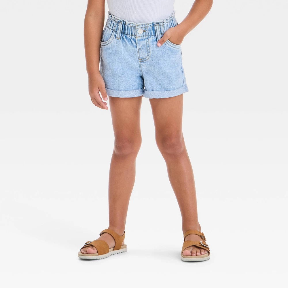 Toddler Girls' Paperbag Shorts - Cat & Jack™ Light Blue 2T: Midweight Denim, Elastic Waistband, Front Snap, Belt Loops